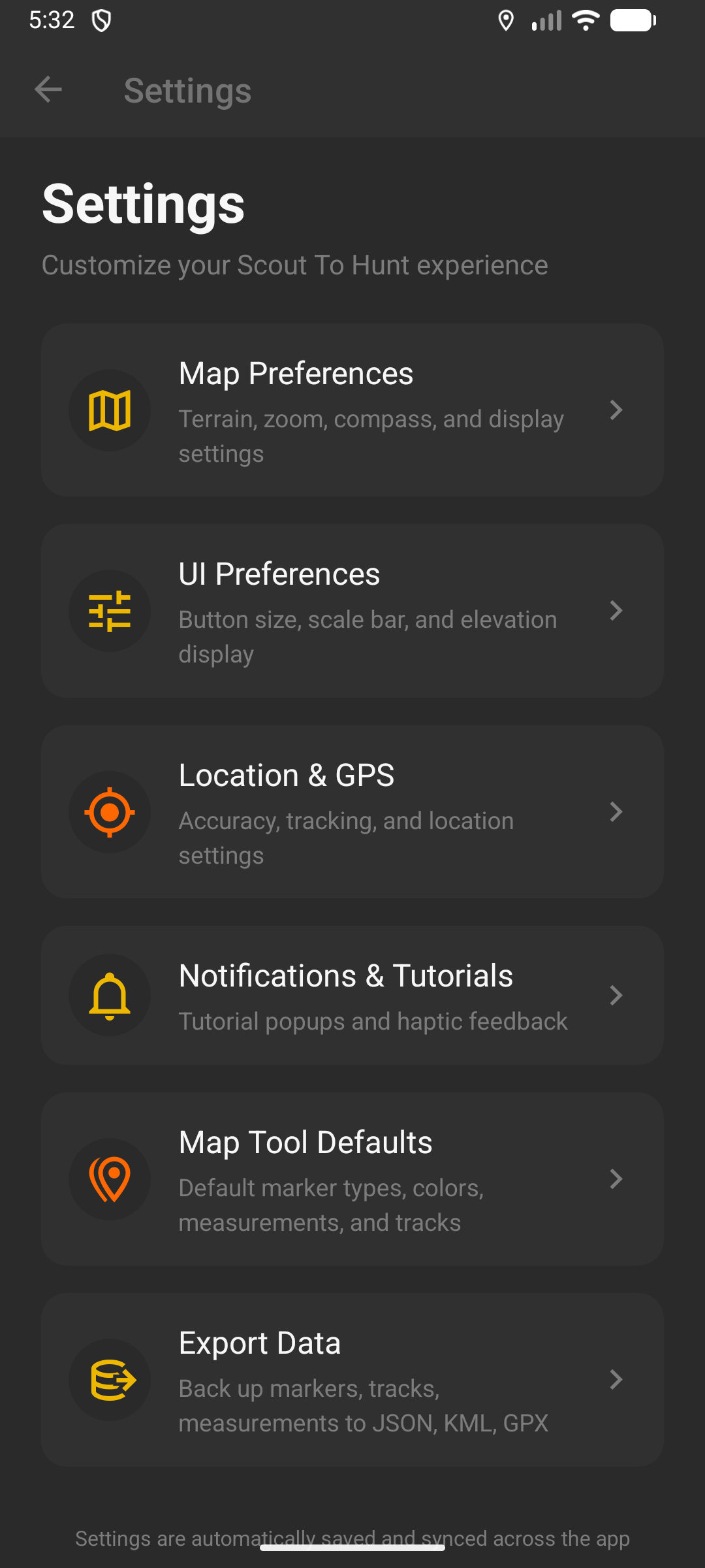 Settings menu - Customize your Scout To Hunt experience