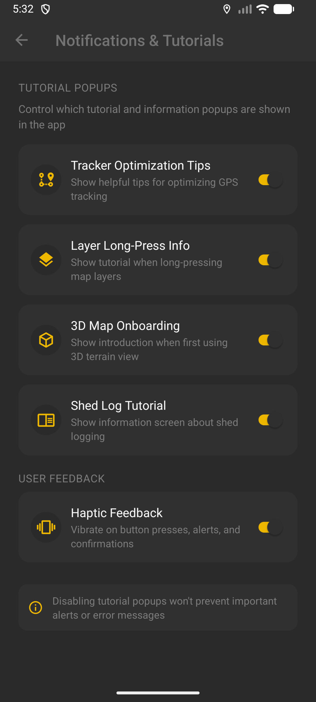 Notifications & Tutorials - Control tutorial popups and haptic feedback